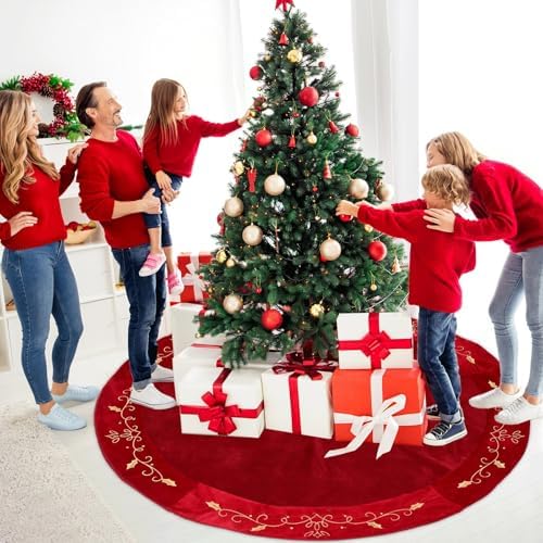 QOUBAI 60inch Extra Large Christmas Tree Skirt Red Luxury Velvet Plush Fur Skirts with Gold Embroidery Xmas Velvet Tree Skirt Holly Leaves Gold Embroidered Tree Skirt for Christmas Holiday Party Decor - Image 4
