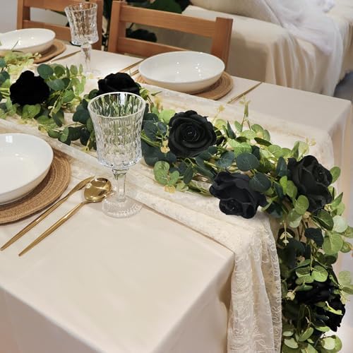 1 Pack Artificial Garland Eucalyptus Vine with 12 Roses for Home Decor Wedding Table Runner Centerpiece DIY Wreath Decor (Black) by Unknown