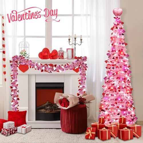 Valentines Day Decorations 5Ft Pink Valentines Christmas Tree with Lights Timer Battery Operated Pop Up Artificial Tree with Heart Ornaments, Heart Topper Decorations for Indoor Home Outdoor Office - Image 3