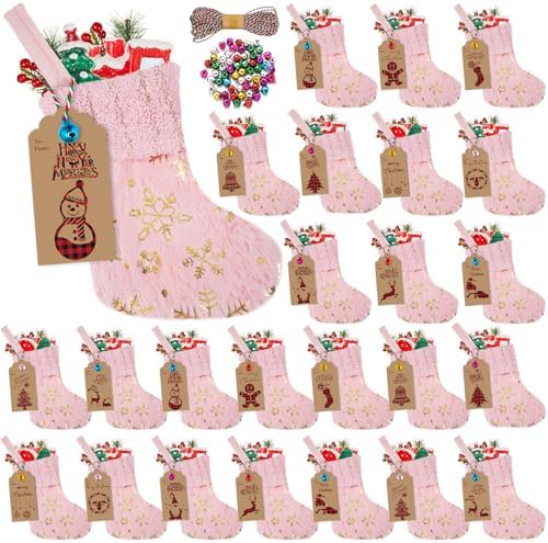 24 Set Mini Pink Christmas Stockings Bulk with Tags Bells by Glimin