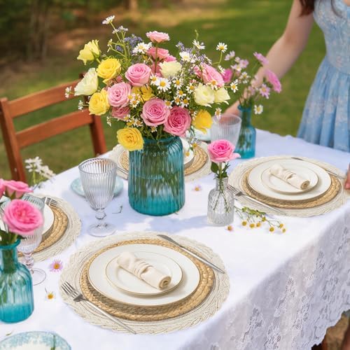 Handmade Round Boho Placemats Set of 6 | Natural Woven & Polyester Braided Combo Table Mats | 12-Piece Versatile Place Mats | Simple Rustic Farmhouse Style Dining Table Decor - Image 2