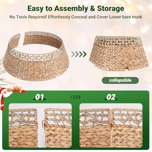 ELYKEN 33 Inch Woven Rattan Christmas Tree Collar, Stylish Seagrass & Water Hyacinth Xmas Tree Skirt for Artificial Trees, Wicker Tree Base Cover with Cord Cut-Out Farmhouse Tree Ring for Home Decor - Image 5