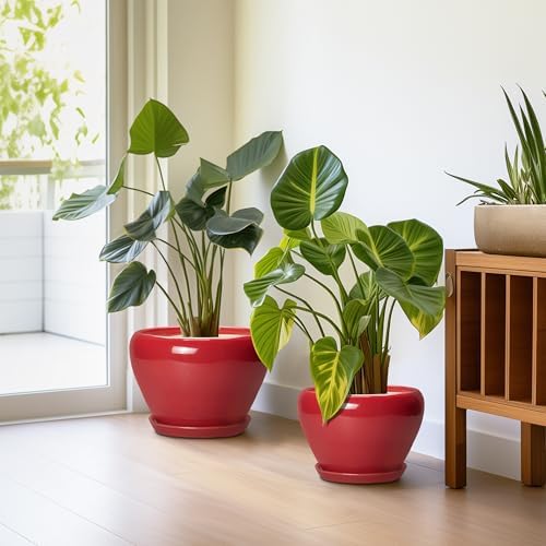 Ceramic Plant Pots, 10+8+6 Inch Ceramic Planters, Bright Red - Image 5