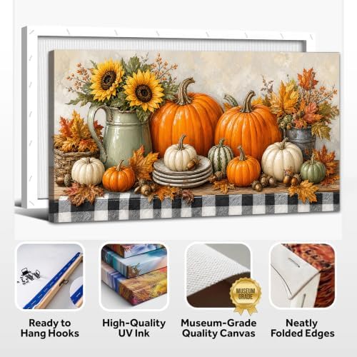WAXWHELK Pumpkin Fall Canvas Wall Art, Pumpkin Sunflower Harvest Still Life Painting Pictures Rustic Farmhouse Autumn Thanksgiving Home Decor Artwork for Living Room Bedroom (24"x47") - Image 6
