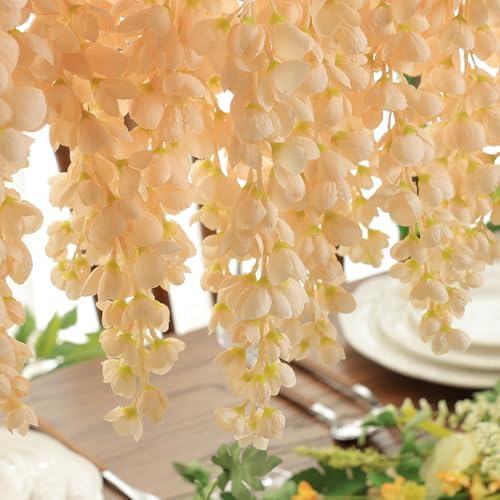 mizii 6Pcs Beige Wisteria Hanging Flowers 48" Silk Wisteria Artificial Flowers Garland Vines Fake Hanging Flowers Decoration for Wedding Flower Wall Backdrop Centerpieces Party Room Decor (Beige) - Image 6