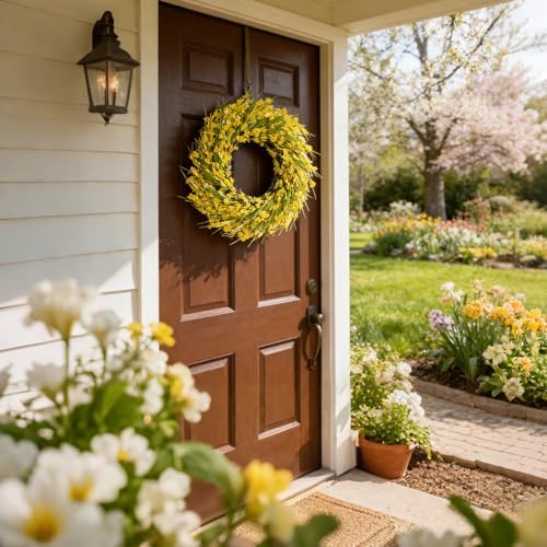idyllic 22 Inch Spring Yellow Forsythia Leaf Wreath, for Front Door Window Porch Living Room Mantel Farmhouse Spring Home Decor Gift - Image 7