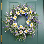 24 Inches Summer Wreaths for Front Door Blue Summer Door Wreath Spring Floral Wreath with Wildflower White Sunflower for Porch Indoors Outdoor Window Home Decorations - Image 6
