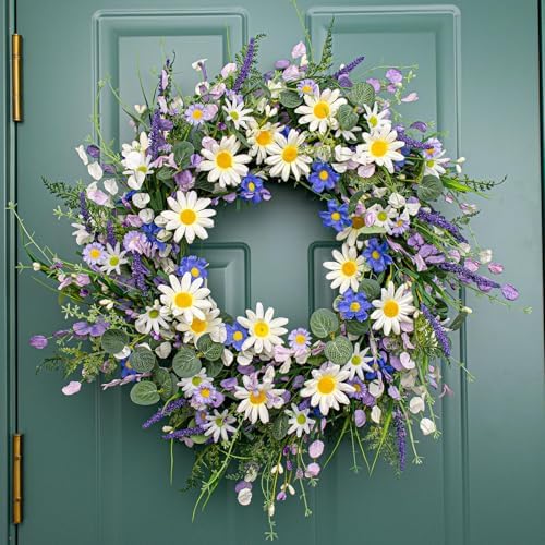 28 Inch Large Summer Wreaths for Front Door Summer Door Wreath Spring Floral Wreath with White Sunflower Lanvender Wildflowers for Indoors Outdoor Home Decorations - Image 5