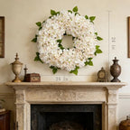 White Hydrangea Summer Wreath for Front Door with Artificial Hydrangea and Silk Greenery, 22''Outdoor Dogwood Wreath for Farmhouse Wedding & Home Decor- Spring Summer & All Seasons Display - Image 3