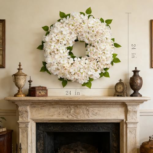 White Hydrangea Summer Wreath for Front Door with Artificial Hydrangea and Silk Greenery, 22''Outdoor Dogwood Wreath for Farmhouse Wedding & Home Decor- Spring Summer & All Seasons Display - Image 3
