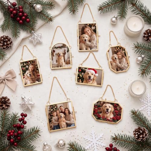 Qunclay 6 Pcs Christmas Brass Picture Frame Ornaments 6 Sizes Xmas Metal Double Glass Hanging Photo Frame with Metal Chain for Christmas Tree Decoration (Gold, 6 Styles) - Image 4