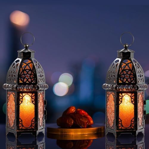 Set of 2 Vintage Large Decorative Moroccan Candle Lantern, 12.8’’ Metal Hanging&Tabletop Lantern Candle Holder Decor, Christmas Decorations Indoor Outdoor Patio (Amber) Ramadan Decorations - Image 2