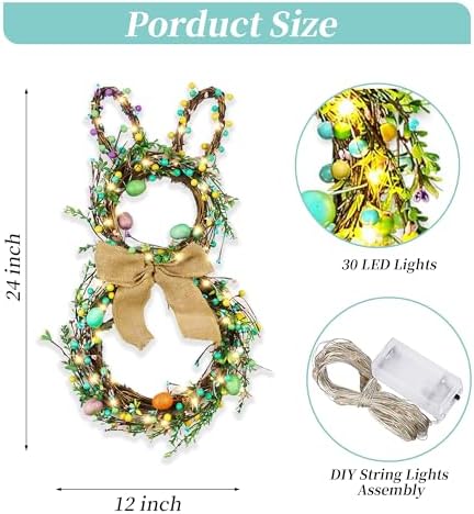 Easter Bunny Wreaths for Front Door with Lights, 24" Easter Green Rabbit Wreaths with Eggs,Twig and Berries,Bowknot, Spring Wreath for Decorations Home Farmhouse Outdoor Indoor Wall Mantel Window - Image 2