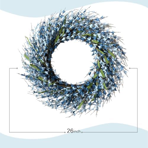 26 Inch Spring Wreaths for Front Door, Large Artificial Forsythia Flowers Wreath, Spring Summer Floral Wreath All Season for Home, Wall, Window, Porch, Wedding, Farmhouse Decor (Blue) - Image 4