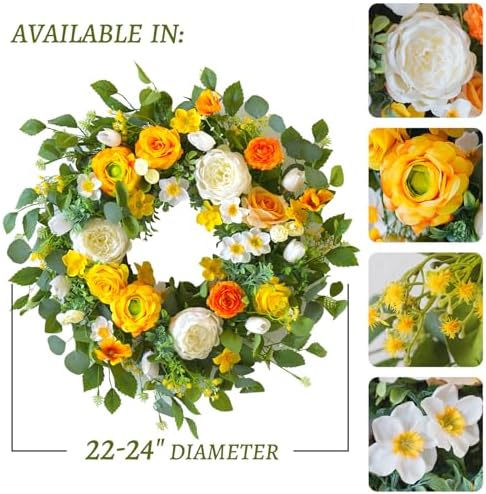 Spring Wreaths for Front Door Outside 24 Inch Yellow & White Spring Summer Wreath with Peony Rose Ranunculus Daffodil & Greenery, Indoor Outdoor Vibrant Hanging Season Decor for Wall Porch - Image 3