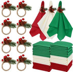 LemonRoad 36 Pcs Christmas Cloth Napkins and Napkin Ring Holders, Reusable Fabric with Pine Needle Red Fruit Napkin Rings for Xmas Table Decor, Banquet, Holiday Dinner Party, Wedding Party Supplies by Unknown