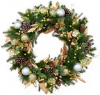 Hykolity 28 Inch Pre-Lit Botanical Christmas Wreath, Battery Operated Lighted Wreath with 50 Warm White LEDs, Timer, Gold Silver Ornaments, Pinecones and Decorative Leaves for Front Door by hykolity