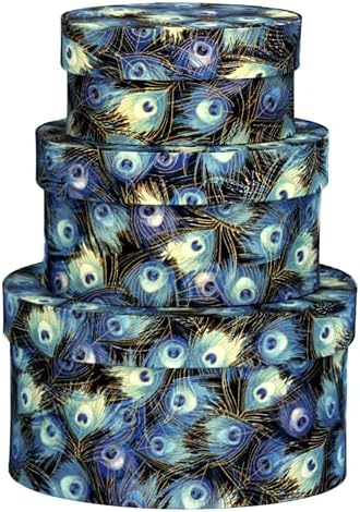 Sarah's Hat Boxes – Peacock Feathers Decorative Gift Box Set of 3 | Elegant Reusable Storage Boxes for Gifts, Keepsakes, Jewelry, or Special Items | Unique Printed Design by SarahsHatBoxes