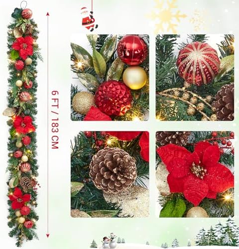 Garvee 6 Feet Christmas Garland with Lights for Mantle, Red Gold - Image 3