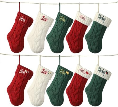 Personalized Mini Christmas Stockings - Custom Embroidered Name Knit Stockings for Baby,Kids,Family - Red/Green/Pink/Blue Knit 9” Small Christmas Stocking Fireplace Holiday Decor(6 Pack) by Infiher