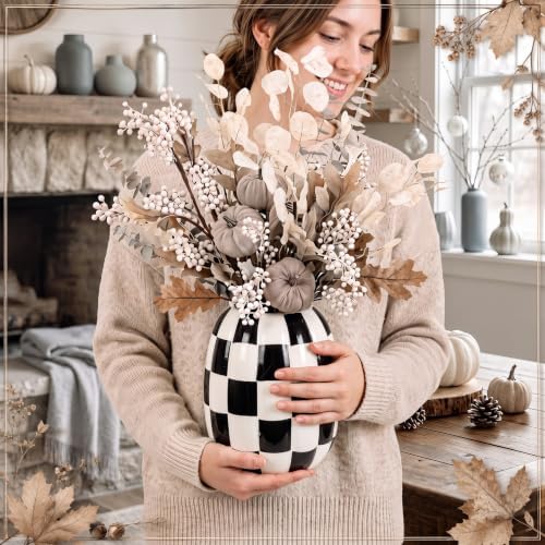 Beeveer 6.7'' Ceramic Pumpkin Vase Black and White Checkered Utensil Holder - Image 4