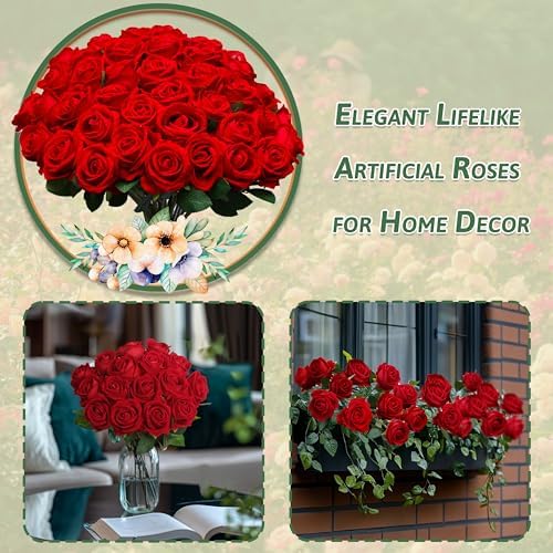 30 PCS Fake Red Roses, Artificial Flowers Bulk, Silk Faux Red Roses - Image 4