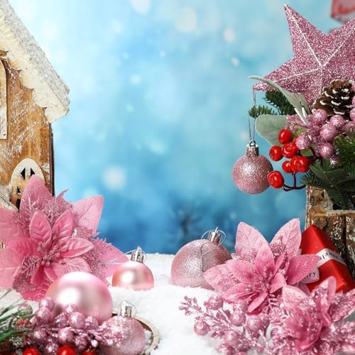 Realspring 72 Pieces Christmas Tree Ornament Set Xmas Assorted Decorations Bulk Glitter Poinsettia Berry Picks Topper Star Sequin Tree Skirts for Home Wreaths Holiday Party Favors (Pink) - Image 3