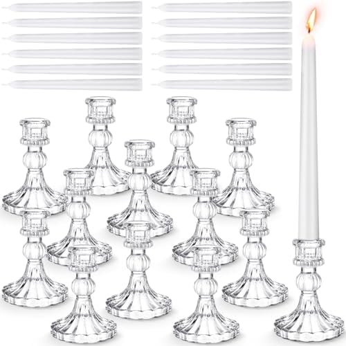Suclain 24 Pcs Glass Candle Holder Set 12 Candlestick White Candles,Clear by Suclain