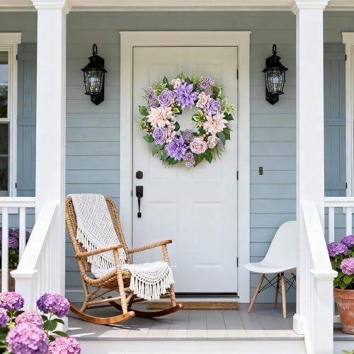 24 Inch Spring Summer Wreath for Front Door with Roses Dahlias Silk Flowers with Berry Greenery for All Seasons Indoor Outdoor Porch Wedding Wall Farmhouse Living Room Home Decor - Image 2