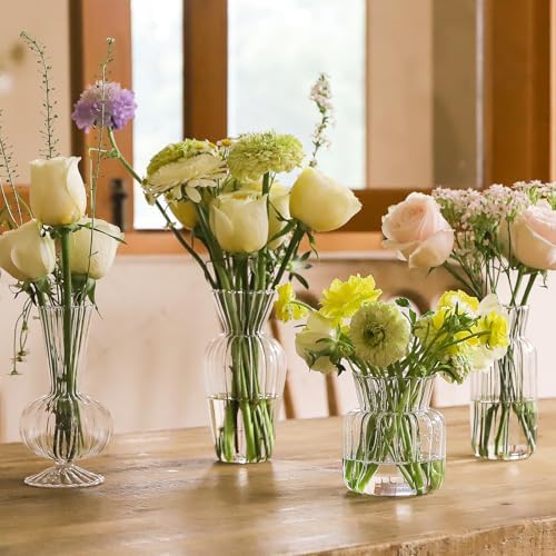 12 Pcs Ribbed Glass Bud Vases Set, 4 Styles Clear Small Flower Vases - Image 7