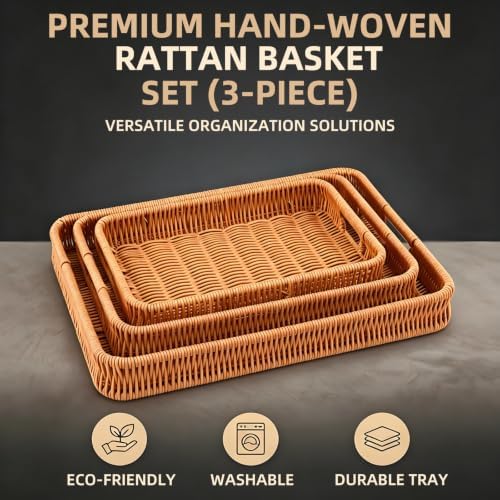 3PCS Hand-Woven 16“ Rattan Rectangular Serving Tray with Handles – Wicker Tray for Coffee Table Decor, Breakfast Basket, Drinks, Fruit, Snacks Organizer, Ottoman & Kitchen Counter Outdoor - Image 3