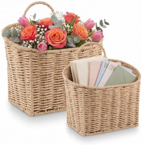 84ECO Set of 2 Woven Paper Rope Hanging Baskets for Organizing, Front Door, Mail, Flowers by 84ECO