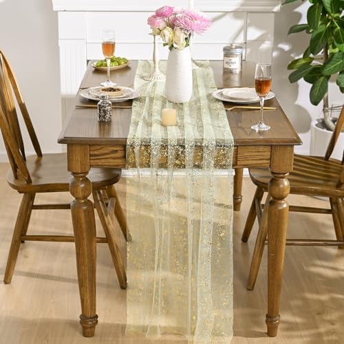 Artoid Mode 6PCS Sage Green Gold Gauze Table Runner 120 Inch 10FT, Glitter Metallic Foil Sheer Dining Wedding Anniversary Holiday Birthday Table Decor for Home Party - Image 3