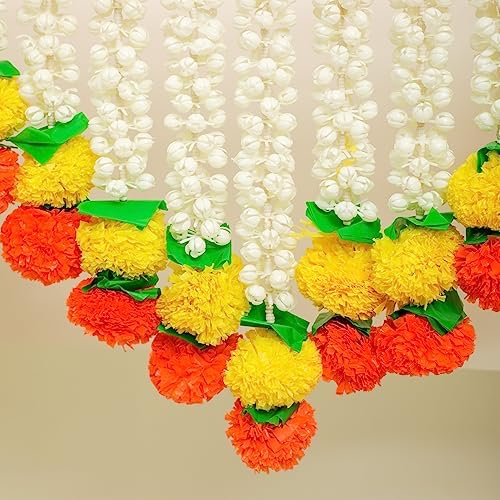 Desi Favors 5 Ft Marigold Jasmine Toran Toran Door Hanging Marigold Decorations for Pooja Bandhanwar Diwali Decorations for Door Mantle Indian Thoranam Decorations (Pack of 1) Yellow Orange & White - Image 2