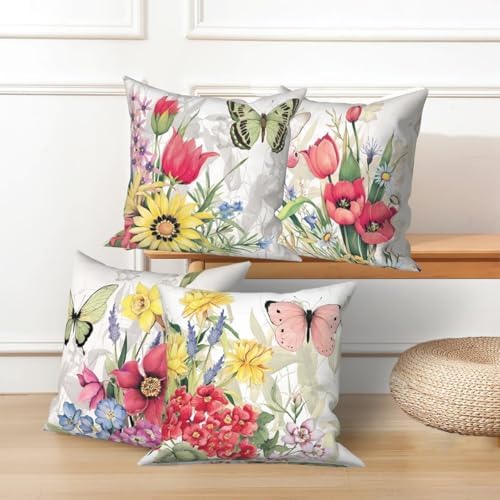 4 Pcs/Set Floral Pillow Covers Pink Yellow Flowers Green Leaves Butterflies Plants Geometric Vintage Throw Pillow Covers for Outdoor Home Couch Sofa Bedroom Farmhouse, 26"x26" - Image 5
