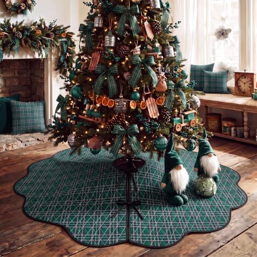 Junkin Green Blue Plaid Quilted 60in Christmas Tree Skirt Tartan Tree Decor - Image 3