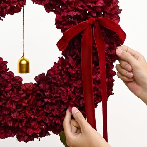 Christmas Wreath -21 Inch Burgundy Hydrangea Artificial Flower Wreath for Front Door, Christmas Wreath with Lights, Ribbon Bell for Home Table Wall Window Indoor Outdoor Christmas Decoration - Image 3