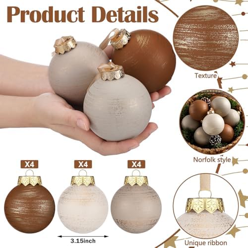 Yunlly 12 Pcs Neutral Christmas Ornament, Brown Ivory Beige, 3.15'' - Image 3