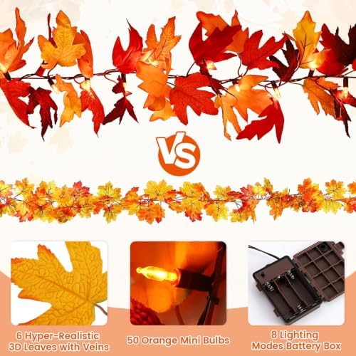 3Pack 9Ft 50 LED Maple Leaf Garland Battery Operated with Timer,8 Modes Waterproof Fall Decorations for Home Fall Garland with Lights for Fall Thanksgiving Table Harvest Home Indoor Decorations - Image 2