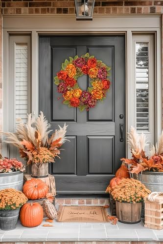 Artificial Fall Wreath, 24" Fake Peony Floral, Maple Leaves & Berries - Image 3