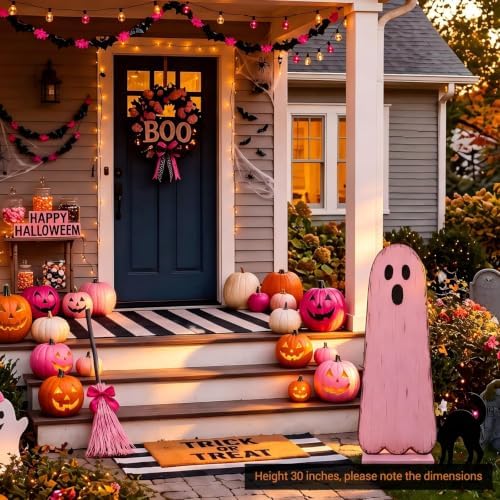 Novabright 30.2 H Halloween Pink Ghost Porch Sign Standing Wooden Decor - Image 6
