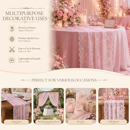 Pink Lace Table Runner with Floral Embroidered (6pcs, 28”x118”) - Image 4