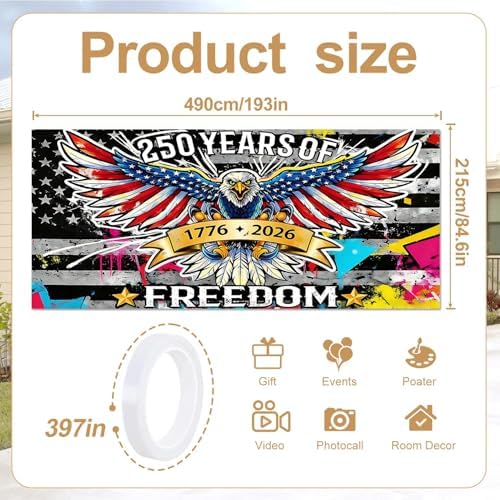16x7FT 250 Years of Freedom Garage Door Banner, Amer-ica Eagle Patriotic Design 1776–2026, Extra Large Outdoor Garage Door Cover for Independence Day Decor - Image 2