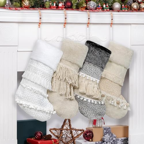 BHD BEAUTY New Farmhouse Bohemian Style Christmas Stocking Set of 4 Tassel Xmas Stocking Boho Macrame Decorations Mantel Hanging Ornament for Xmas Holiday Party - Image 2