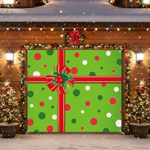 HunnmingRe 7 x 8 ft Christmas Garage Door Cover, Red and Green Polka Dots - Image 5