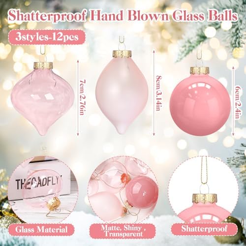 Zomiboo 12 Pcs Vintage Pink Glass Christmas Ball Ornaments Set 3.15" - Image 2
