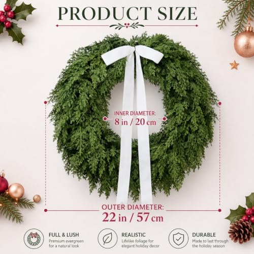 Jutom 1 Pack 22" Artificial Christmas Cedar Wreath with Soft Leaves & Ribbon, Realistic Cedar Wreath, Winter Greenery Pine Wreaths for Front Door, Wall, Window, Indoor Outdoor - Image 2