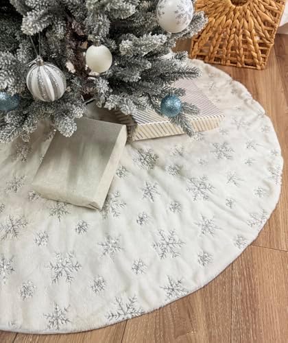 AOGU 60 Inch Sequin Faux Fur Christmas Tree Skirt Decoration for Merry Christmas Party White Plush Silver Sequin Snowflake Xmas Christmas Tree Skirt Decorations - Image 3