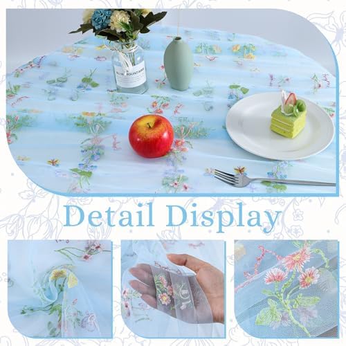 BINBE 6pcs Blue Florals Table Runner Embroidery Gauze 10FT Daisy Seasonal Tulle Birthday Wedding Holiday Kitchen Dining Table Decor for Home Party - Image 3