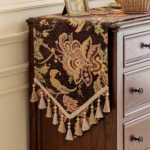 Floral Embroidered Table Runner 72" Non-Slip Tassels, Dark Brown by keemir